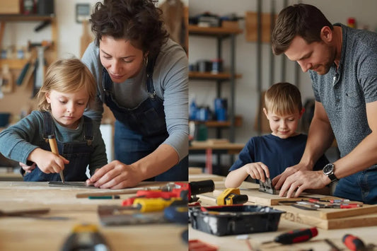 Australian parent teaching child how to use basic tools in organized home workshop, demonstrating DIY skills and building confidence through hands-on learning