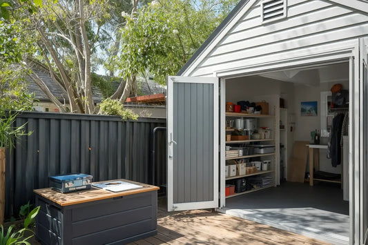 Organised Australian backyard in spring — outdoor storage box on a sunny deck, garden shed open doors, clean garage shelving visible. SmartStorage.au spring storage checklist 2026.