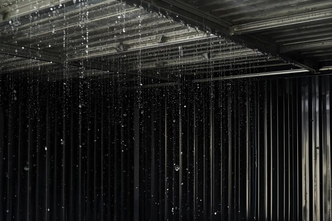 Condensation droplets inside metal shed roof with storage boxes below showing moisture damage prevention solutions