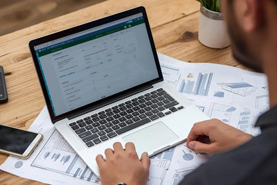 Australian homeowner checking garden shed council permit requirements on laptop with measuring tape and shed plans