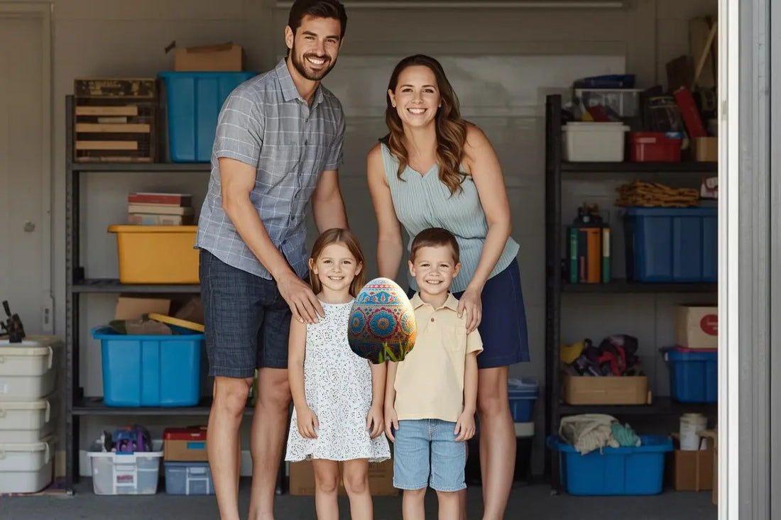 Happy Australian family organising their home during Easter school holidays with kids storage solutions, outdoor storage boxes and garage shelving from SmartStorage.au