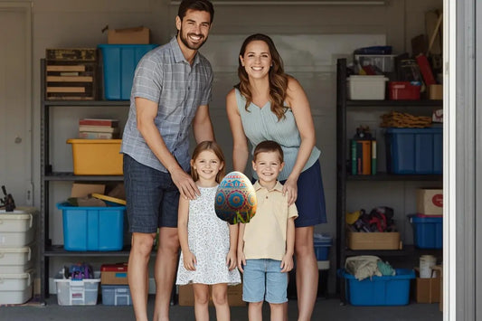 Happy Australian family organising their home during Easter school holidays with kids storage solutions, outdoor storage boxes and garage shelving from SmartStorage.au