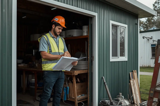 Australian tradie reviewing tax documents beside an organised workshop shed — SmartStorage.au guide to claiming storage products on tax in 2025-26