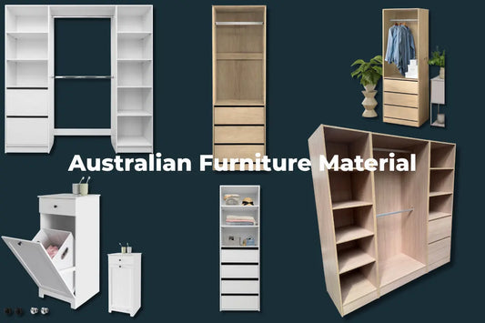 Five furniture cabinet material samples side by side — water-resistant PVC, MDF, particle board with paper veneer, E1 MDF with NC painting, and PVC rattan — SmartStorage.au Australian furniture materials guide 2026