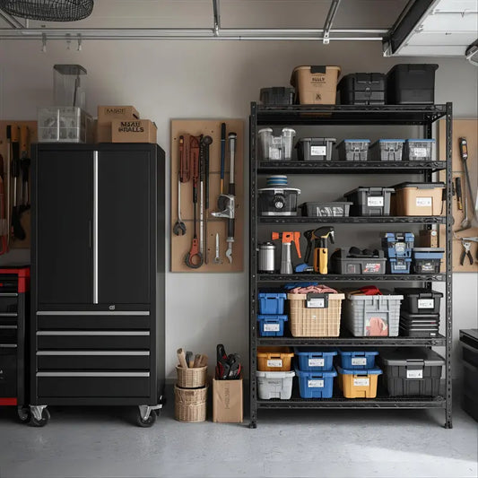 Organized Australian garage with heavy-duty storage racking system showing multiple shelves with labeled bins, tools, and sporting equipment in a clean, transformed space