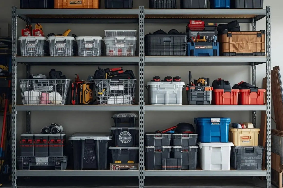 Organised Australian garage with heavy duty steel shelving racks showing tools, storage boxes and sports equipment neatly arranged on adjustable 5-tier units