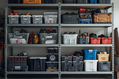 Organised Australian garage with heavy duty steel shelving racks showing tools, storage boxes and sports equipment neatly arranged on adjustable 5-tier units