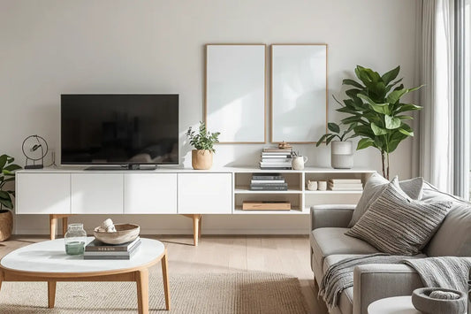 Calm, organised Australian living room with tidy storage, clear surfaces and natural light — showing how a decluttered home improves mental health and wellbeing