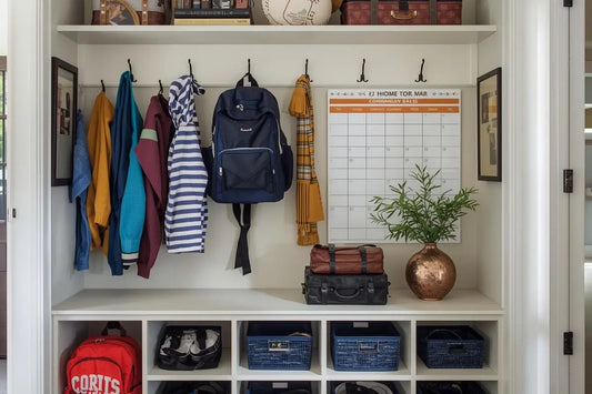 Australian family organizing their entry way command center with school bags, sports equipment and visual schedules for calm back-to-school mornings in 2026