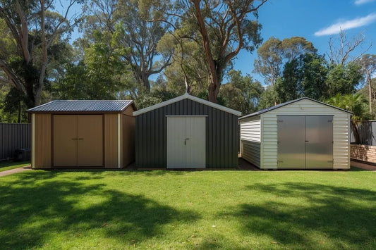 Garden shed buyer's guide Australia 2026 — comparing Giantz budget shed, Wallaroo steel shed and SpanBilt made-to-order shed side by side in an Australian backyard