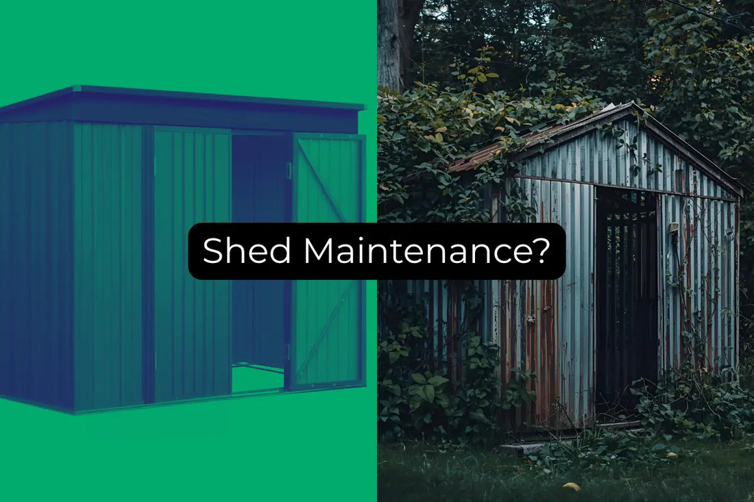 Before and after comparison of well-maintained garden shed versus neglected shed showing rust prevention and proper care for Australian climate conditions