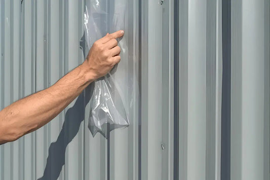 erson removing protective plastic film from steel shed panel showing proper peeling technique