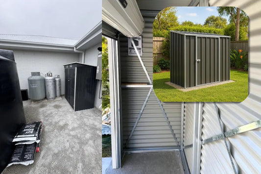 Australian side passage with SpanBilt slimline shed installed - showing how dead space beside a house fence can be transformed into proper weatherproof storage. SmartStorage.au dead space guide 2026.