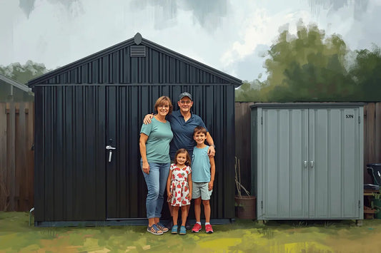 Australian family calculating self-storage costs beside a garden shed and outdoor storage boxes from SmartStorage.au — showing how to stop paying rent on your own belongings