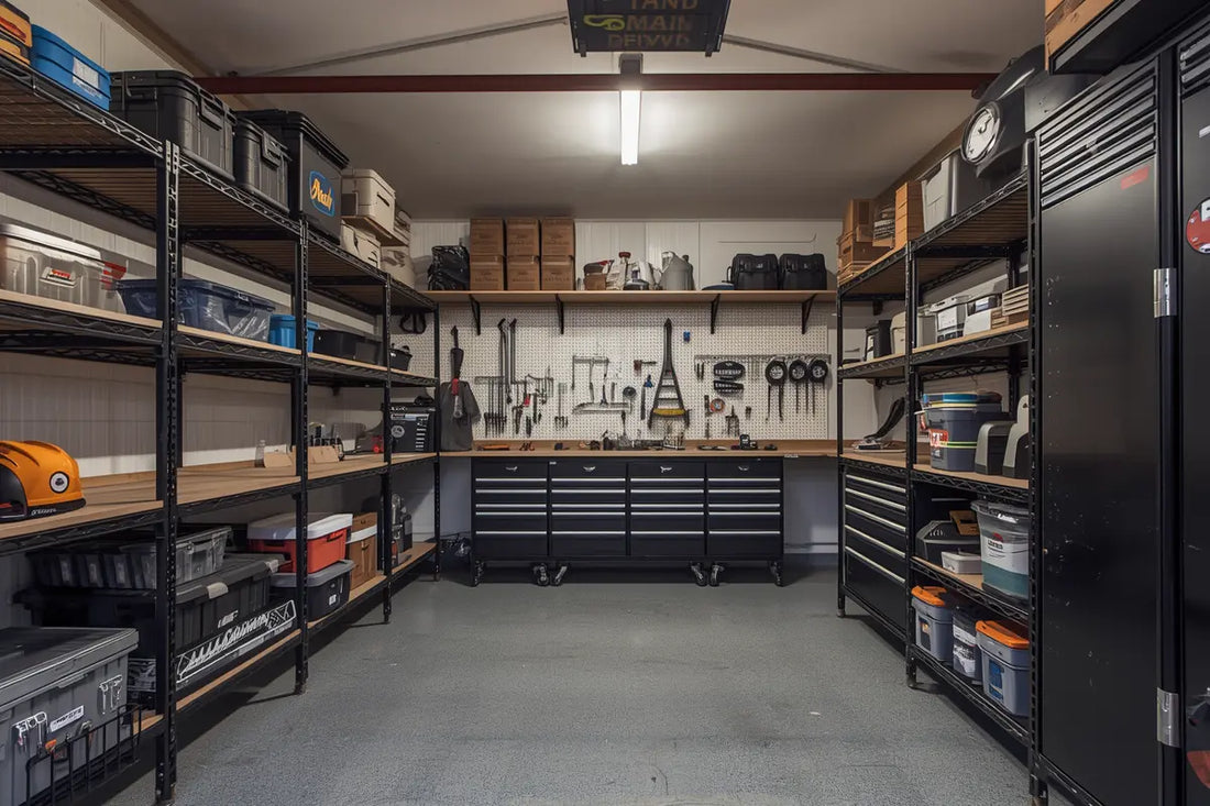 Transformed Australian garage interior showing a man cave setup with heavy duty shelving, pegboard tool wall, and organised hobby space — SmartStorage.au garage glow-up guide 2026