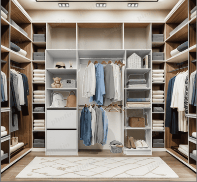 Side-by-side comparison of built-in wardrobe and modular walk-in wardrobe kit in modern Australian bedroom showing storage solutions and cost differences