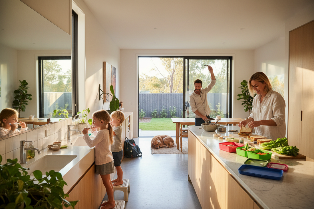Organized family bathroom cabinet with labeled sections showing before and after morning routine transformation