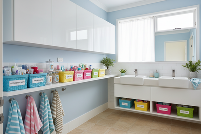 Organized kids bathroom storage with color coded baskets and wall mounted cabinets for Australian family morning routine