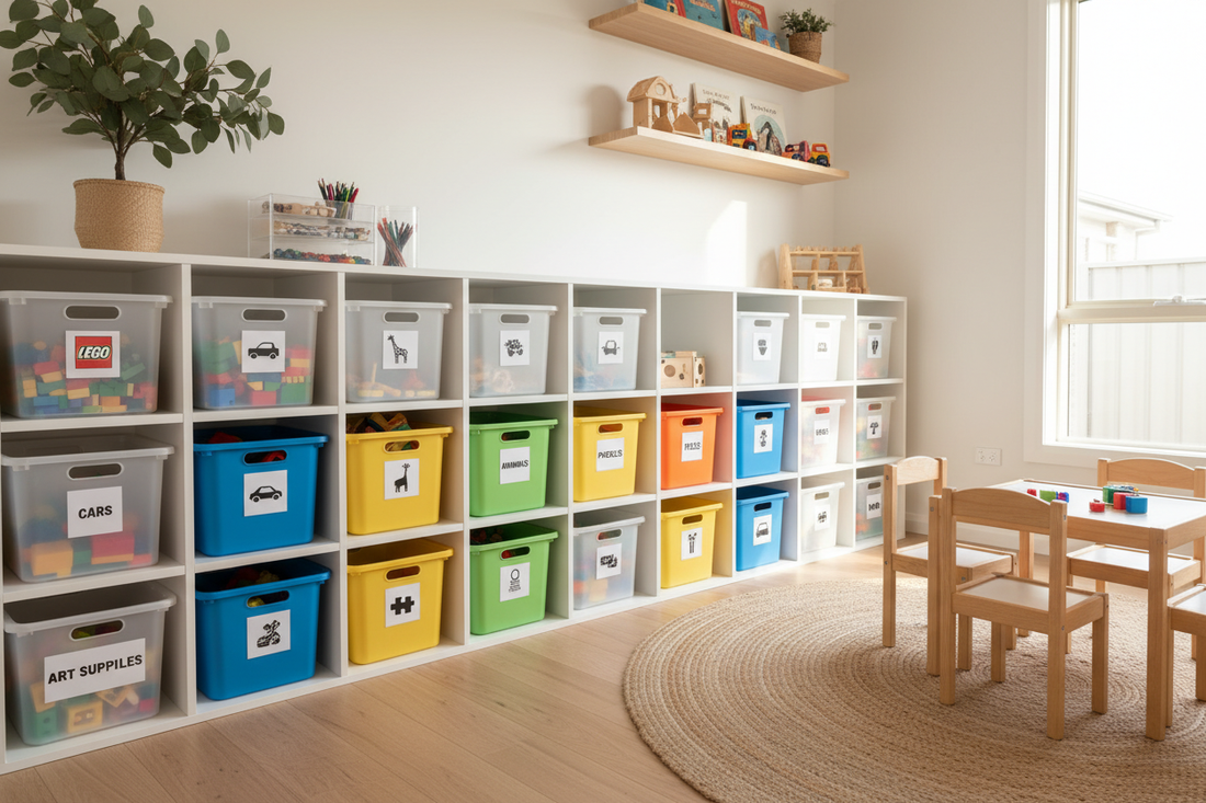 Organized toy storage solutions for Australian families with labeled bins and open shelving kids can use independently