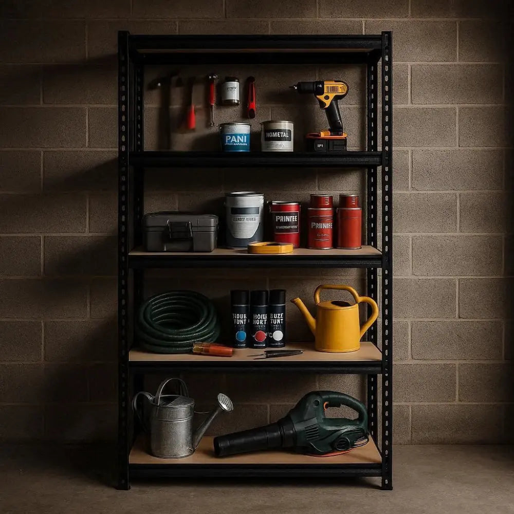 Giantz garage shelving unit installed in garage loaded with toolboxes storage tubs and equipment
