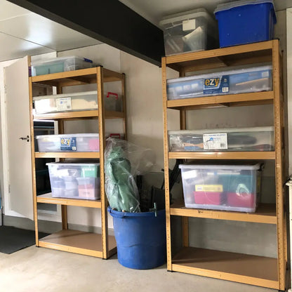 Garage storage shelving rack for tools tubs and workshop organisation installed in a customers garage