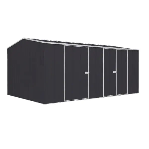 Large SpanBilt YardStore G1510 workshop shed in monolith with gable roof and double door entry for ride-on mower storage