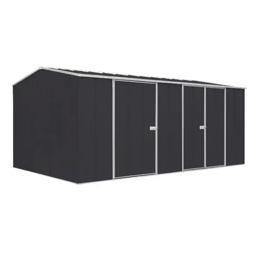 Large SpanBilt YardStore G1510 workshop shed in monolith with gable roof and double door entry for ride-on mower storage