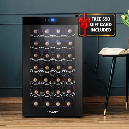 Free Gift voucher with a Devanti wine fridge 28 bottles black thermoelectric cooler with LED lighting and UV protection Australian homes