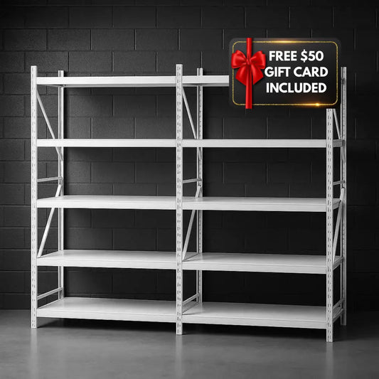 Free $50 gift voucher with Giantz white 4-tier steel garage shelving unit 3x2m with Z-brace reinforced frame