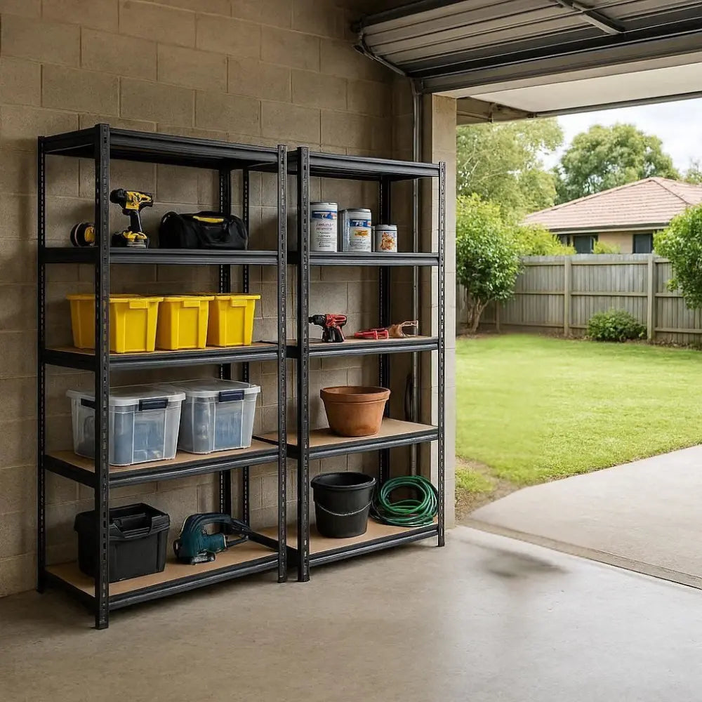 Five matching Giantz charcoal garage shelving units installed side by side covering full garage wall