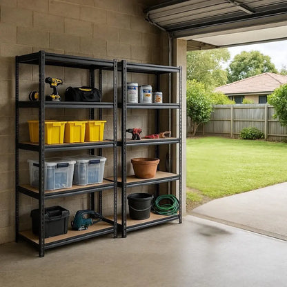 Five matching Giantz charcoal garage shelving units installed side by side covering full garage wall