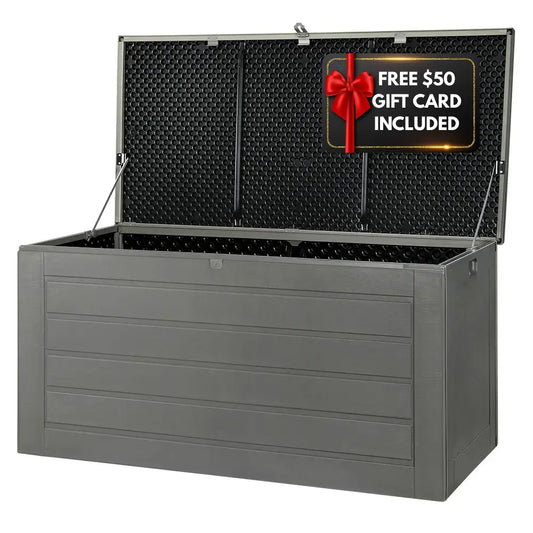 Free $50 gift voucher with a Large black outdoor storage box with bench seat 680 litre capacity
