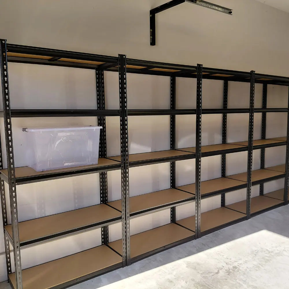 5x1.8M black garage shelving unit fully assembled in customers shed