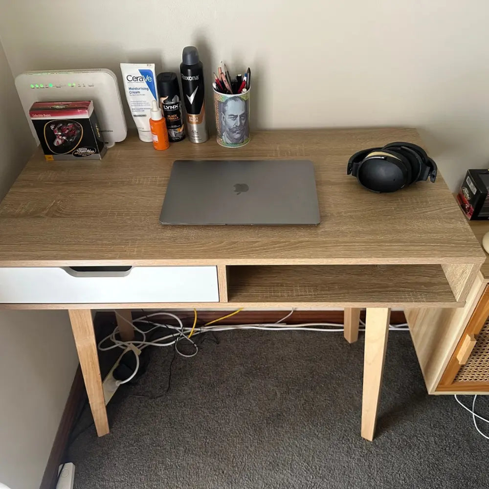 90cm Oak Computer Desk – Compact Home Office Workstation with Drawer & Shelf