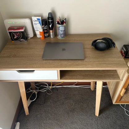 90cm Oak Computer Desk – Compact Home Office Workstation with Drawer & Shelf