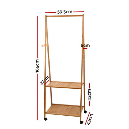 Natural Bamboo Clothes Rack with Wheels & Storage Shelves – 165cm