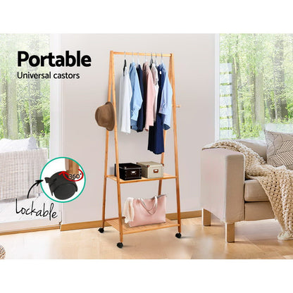 Natural Bamboo Clothes Rack with Wheels & Storage Shelves – 165cm