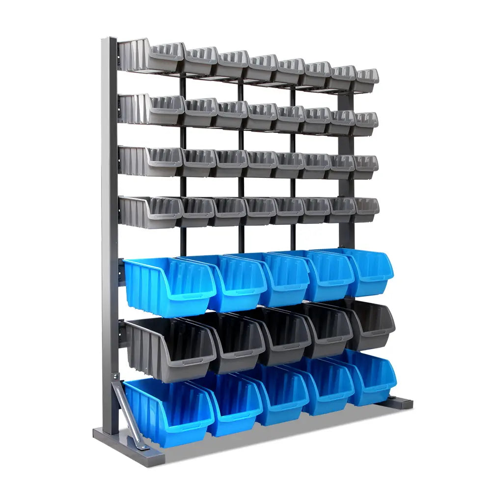 Freestanding 47-bin tool storage rack with steel stand for garage organization