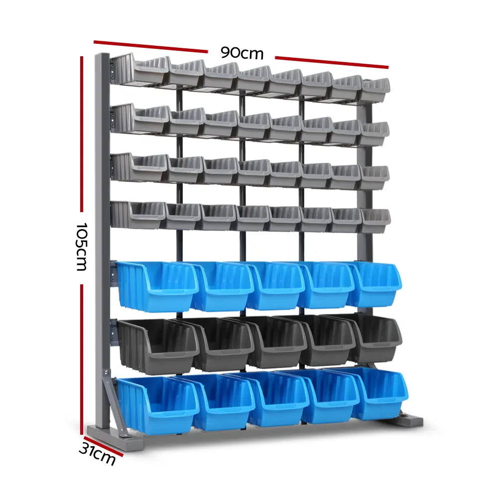 Freestanding Tool Storage Rack - 47 Bin Organiser with Steel Stand