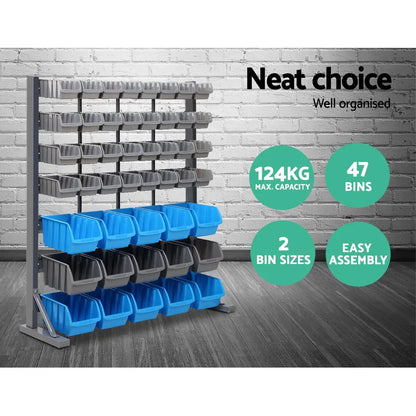 Freestanding Tool Storage Rack - 47 Bin Organiser with Steel Stand