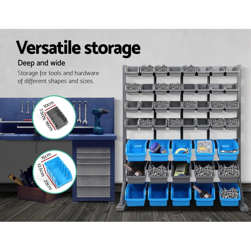 Small and large bin sizes for organizing different tools and fasteners