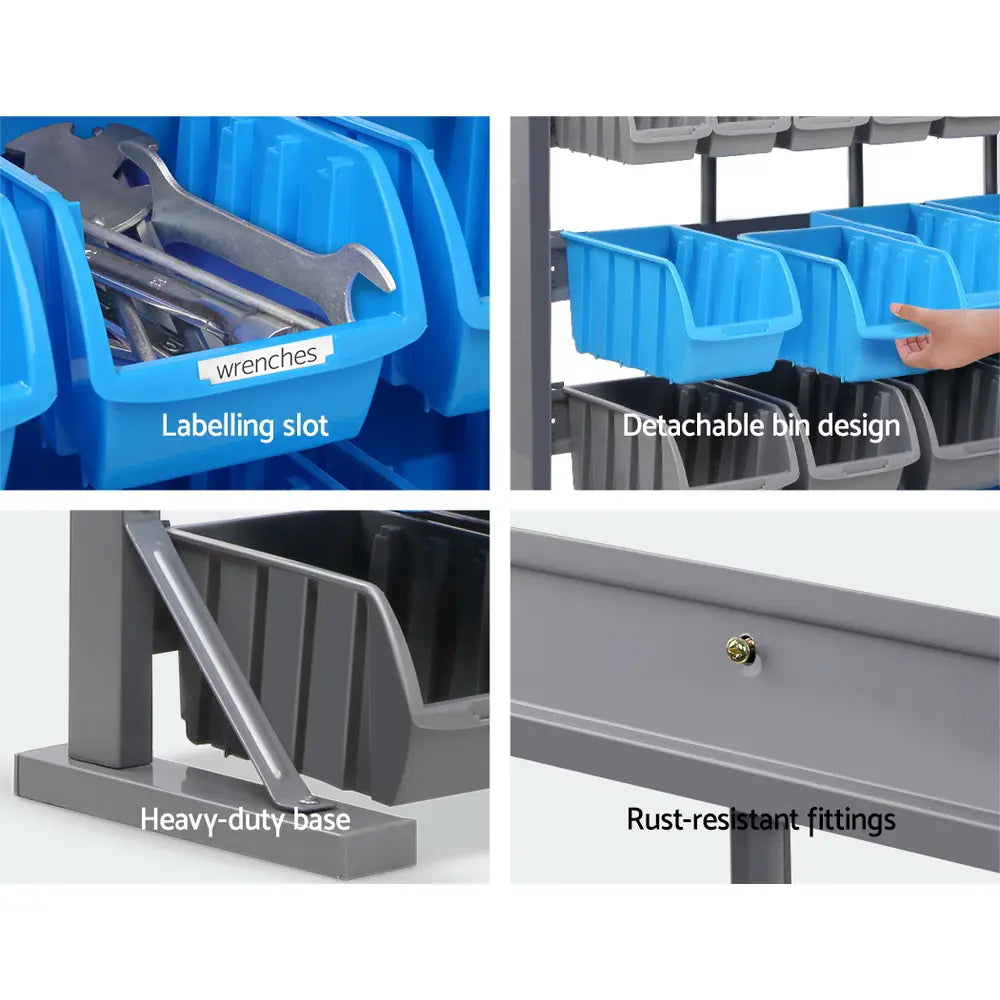 Removable storage bins with label slots for workshop organization