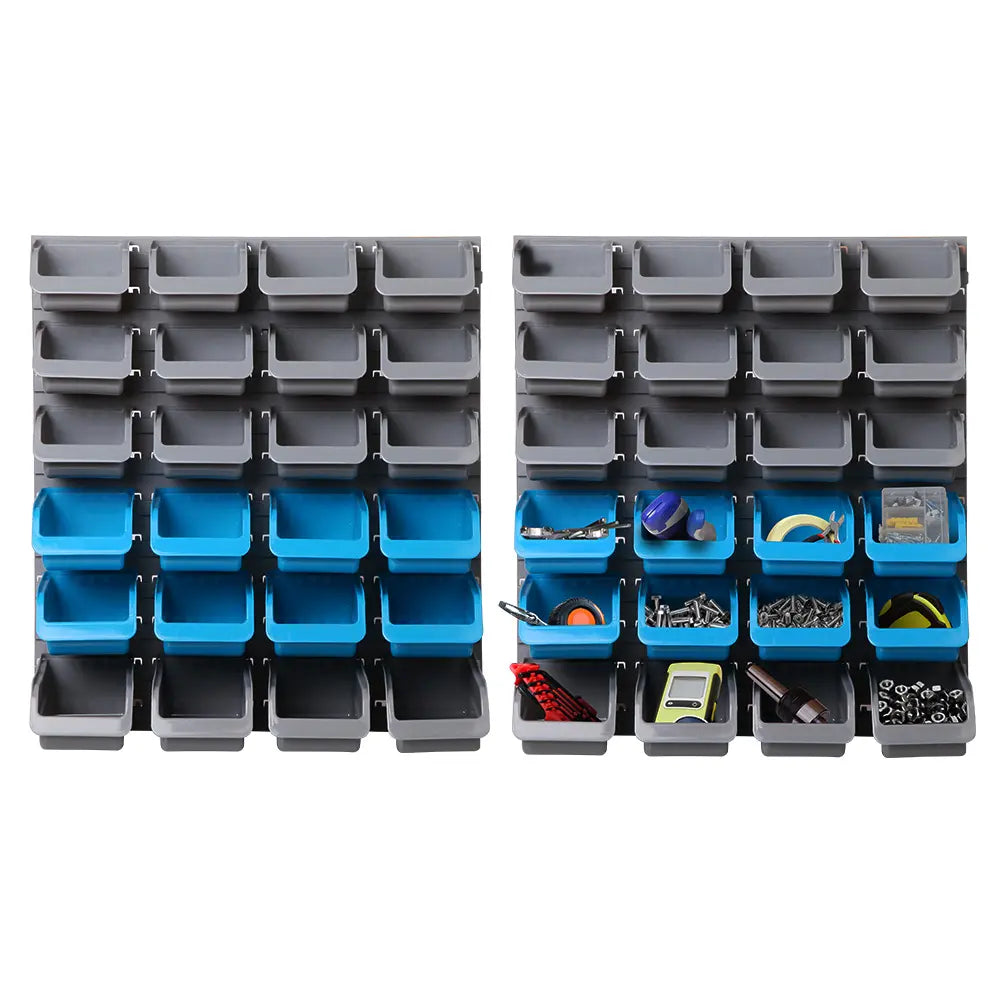 Wall mounted pegboard tool storage rack with 48 detachable bins for garage organization
