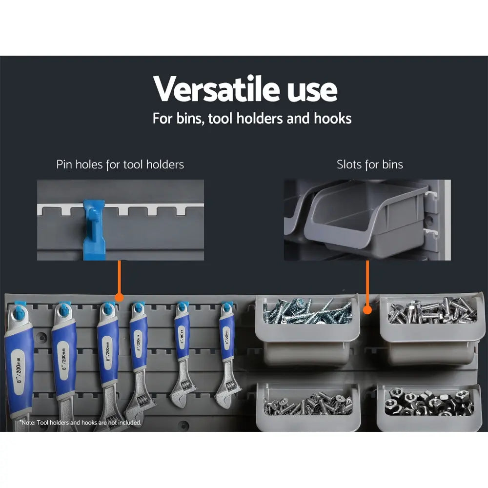 Detachable pegboard bins organized with screws bolts drill bits and fasteners