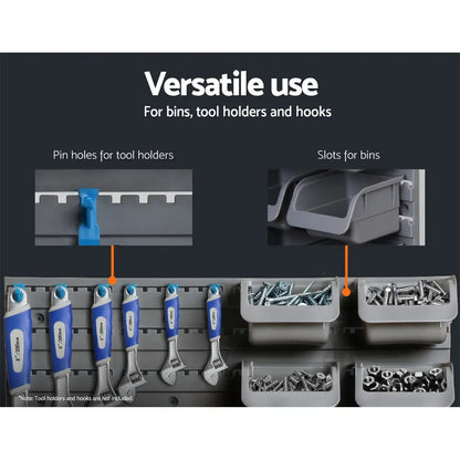 Detachable pegboard bins organized with screws bolts drill bits and fasteners