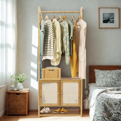 168cm tall bamboo clothes rack with coat hangers and storage cabinet in bedroom