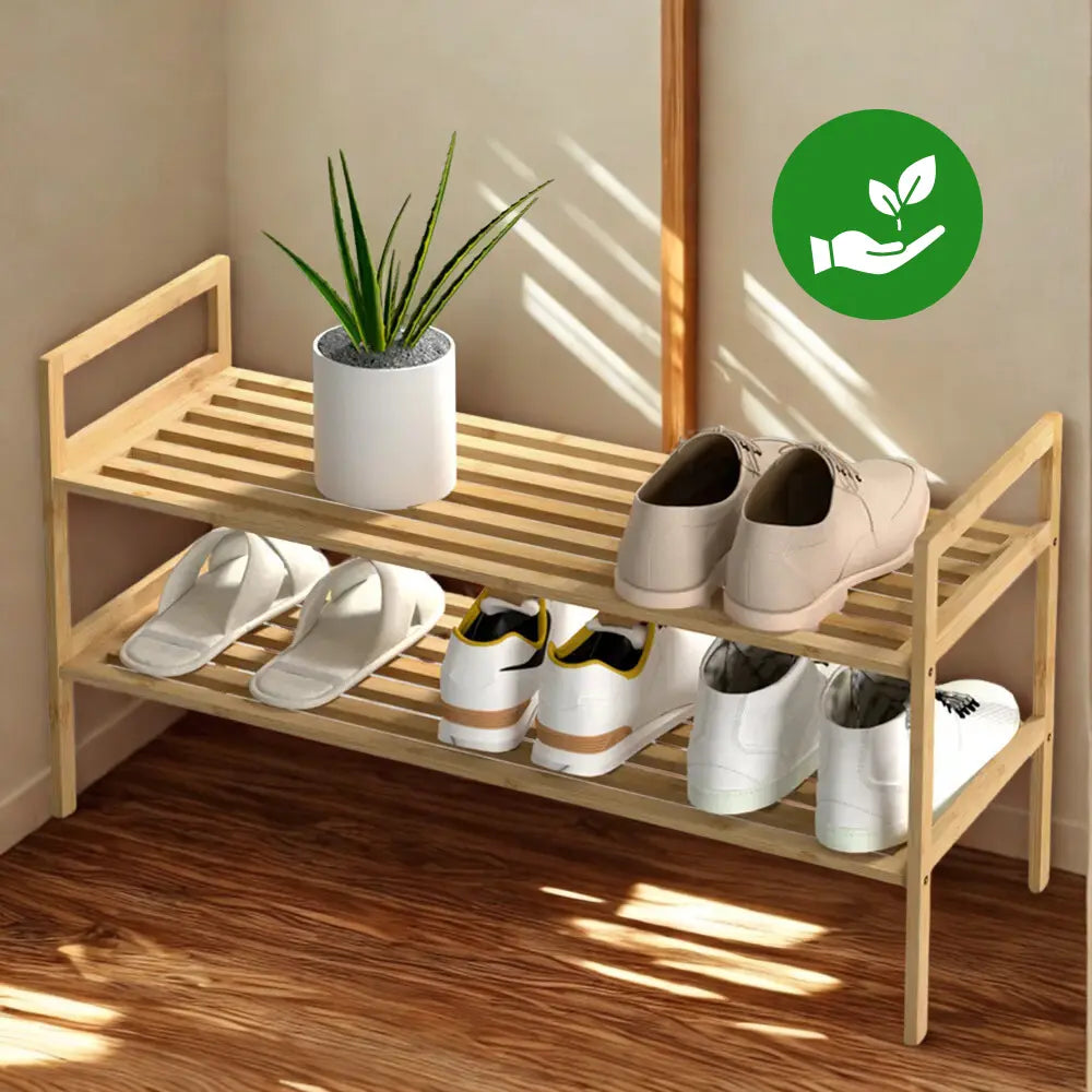 2 tier bamboo shoe rack with natural pine finish holding family shoes selling at a great price