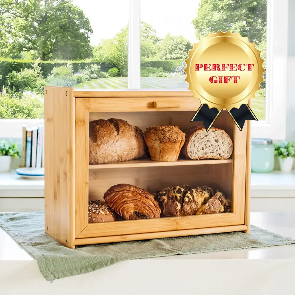 Bamboo bread box with various types of bread - Perfect Gift for Mum for Christmas - Smart Storage AU