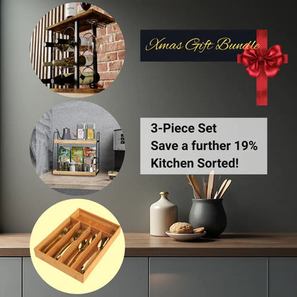 Kitchen Refresh Bundle with Bamboo Cutlery Tray, Coffee Station Rack and Wooden Wine Rack – Smart Storage AU Perfect Christmas Gift