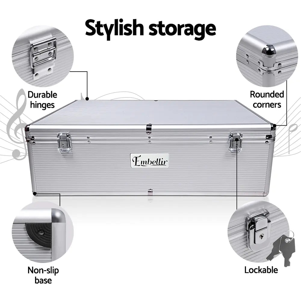 Lockable aluminum CD storage case with dual handles for professional entertainment transport
